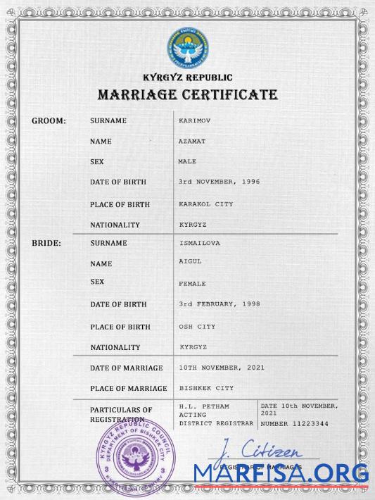 Realistic Kyrgyzstan marriage certificate PSD template
